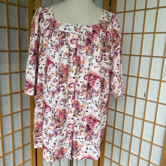 Caffe Marrakech Floral/Bird Print Linen Blend Top SZ L - Picture 2 of 12